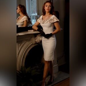 TRUE 1950s VINTAGE White Crepe Sheath Dress with Beaded Collar - Marilyn Monroe